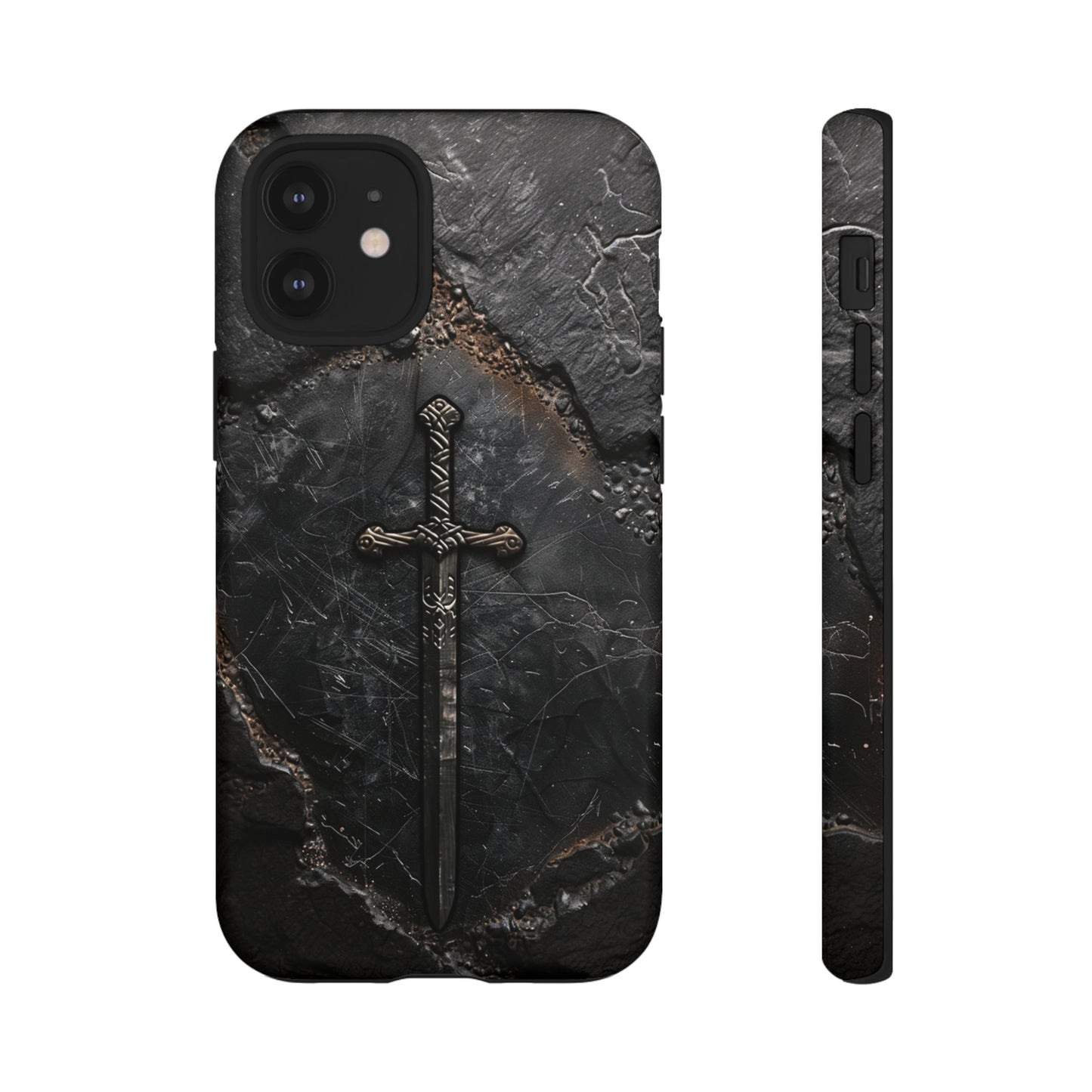 Medieval Sword Phone Case - Elegant Blade Design on Dark Stone Background for iPhone, Samsung Galaxy, and Google Pixel Devices