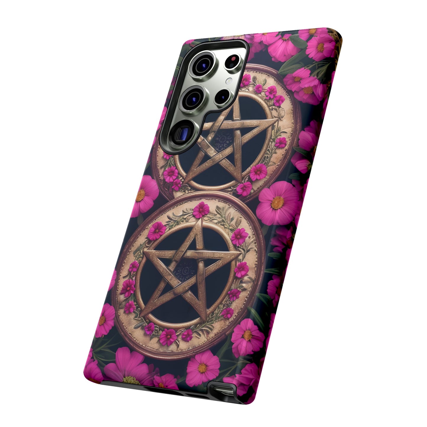 Pentacles in Pink Flowers Tough Phone Case – Mystical Floral Design for iPhone, Samsung Galaxy, and Google Pixel Devices