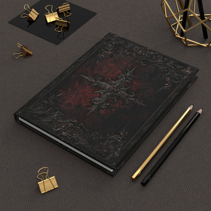 Dark Gothic Cross Notebook with Intricate Red Embossed Cover