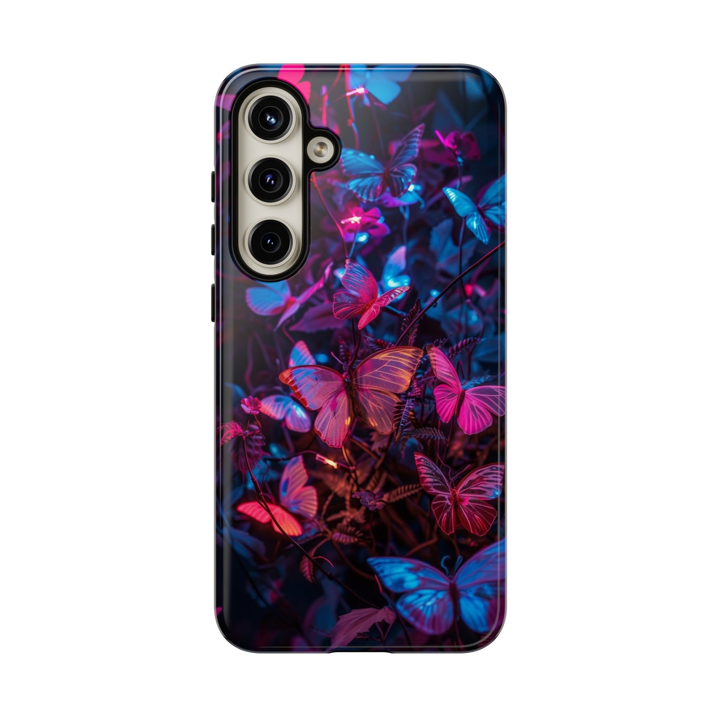 Neon Butterfly Garden Phone Case - Vibrant Nighttime Design for iPhone, Samsung Galaxy, and Google Pixel Devices