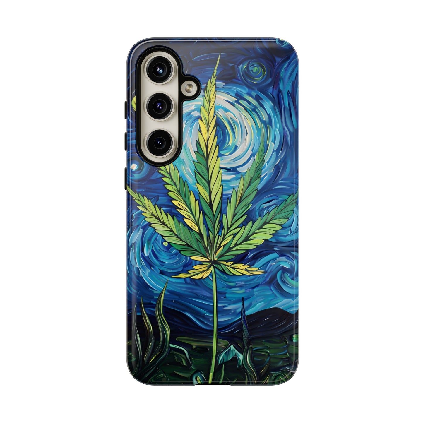 Pot Leaf Starry Night Phone Case – Artistic Marijuana Design for iPhone, Samsung Galaxy, and Google Pixel Devices