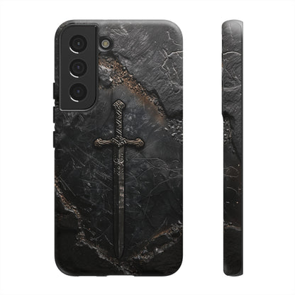 Medieval Sword Phone Case - Elegant Blade Design on Dark Stone Background for iPhone, Samsung Galaxy, and Google Pixel Devices