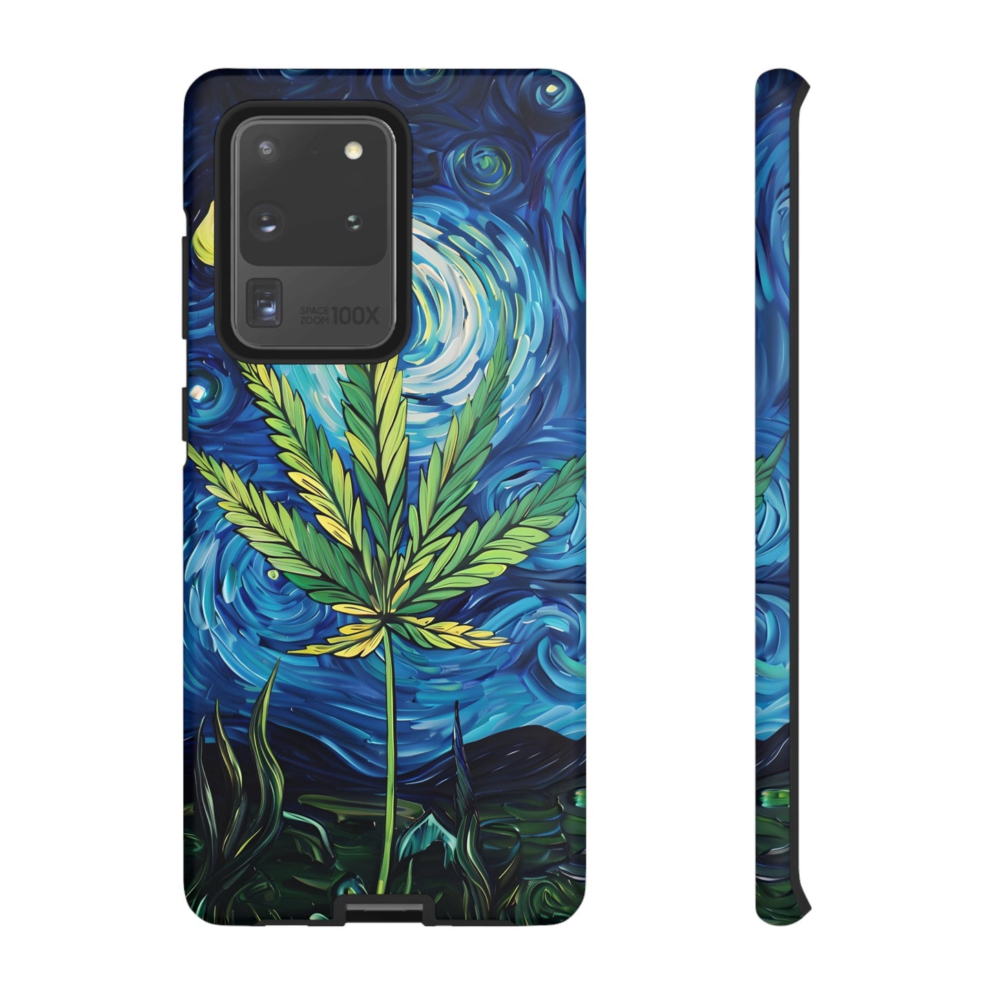 Pot Leaf Starry Night Phone Case – Artistic Marijuana Design for iPhone, Samsung Galaxy, and Google Pixel Devices