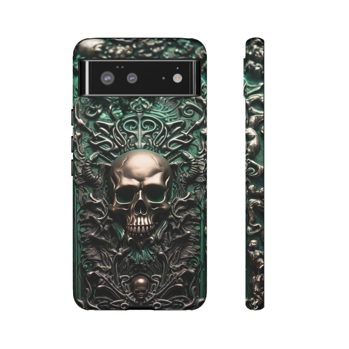 Green Skull Phone Case – Ornate Gothic Design for iPhone, Samsung Galaxy, and Google Pixel Devices