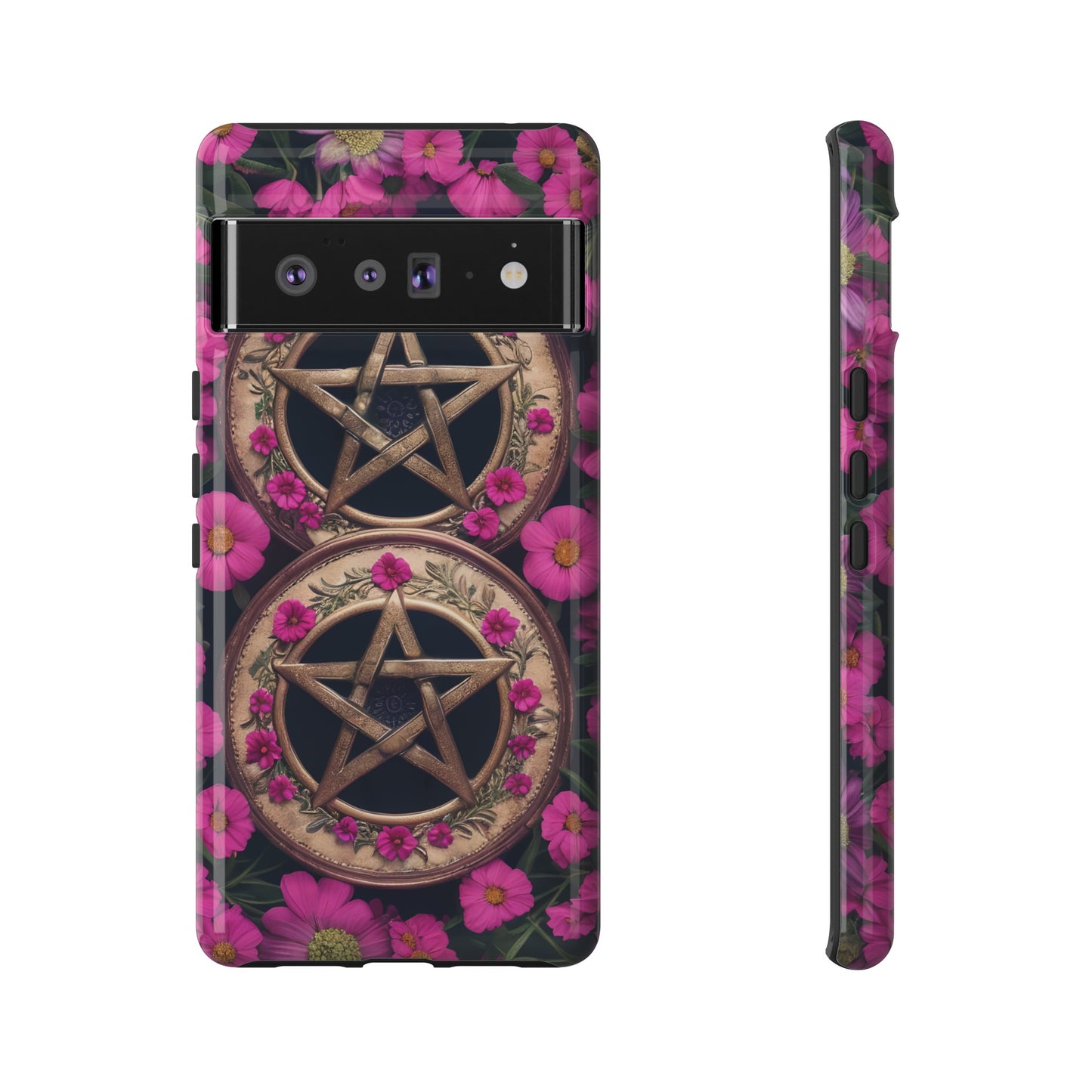 Pentacles in Pink Flowers Tough Phone Case – Mystical Floral Design for iPhone, Samsung Galaxy, and Google Pixel Devices