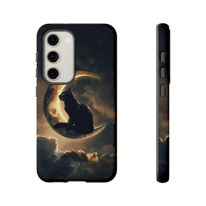 Black Cat on Crescent Moon Phone Case - Mystical Night Sky Design for iPhone, Samsung Galaxy, and Google Pixel Devices