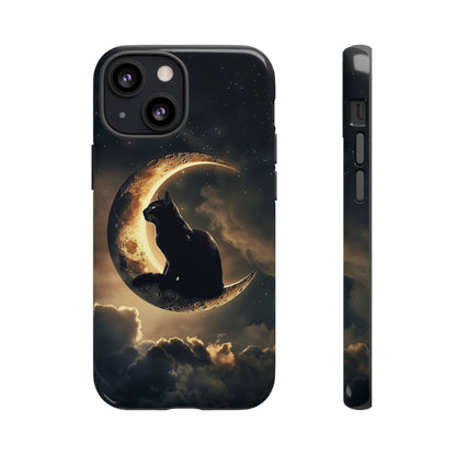 Black Cat on Crescent Moon Phone Case - Mystical Night Sky Design for iPhone, Samsung Galaxy, and Google Pixel Devices