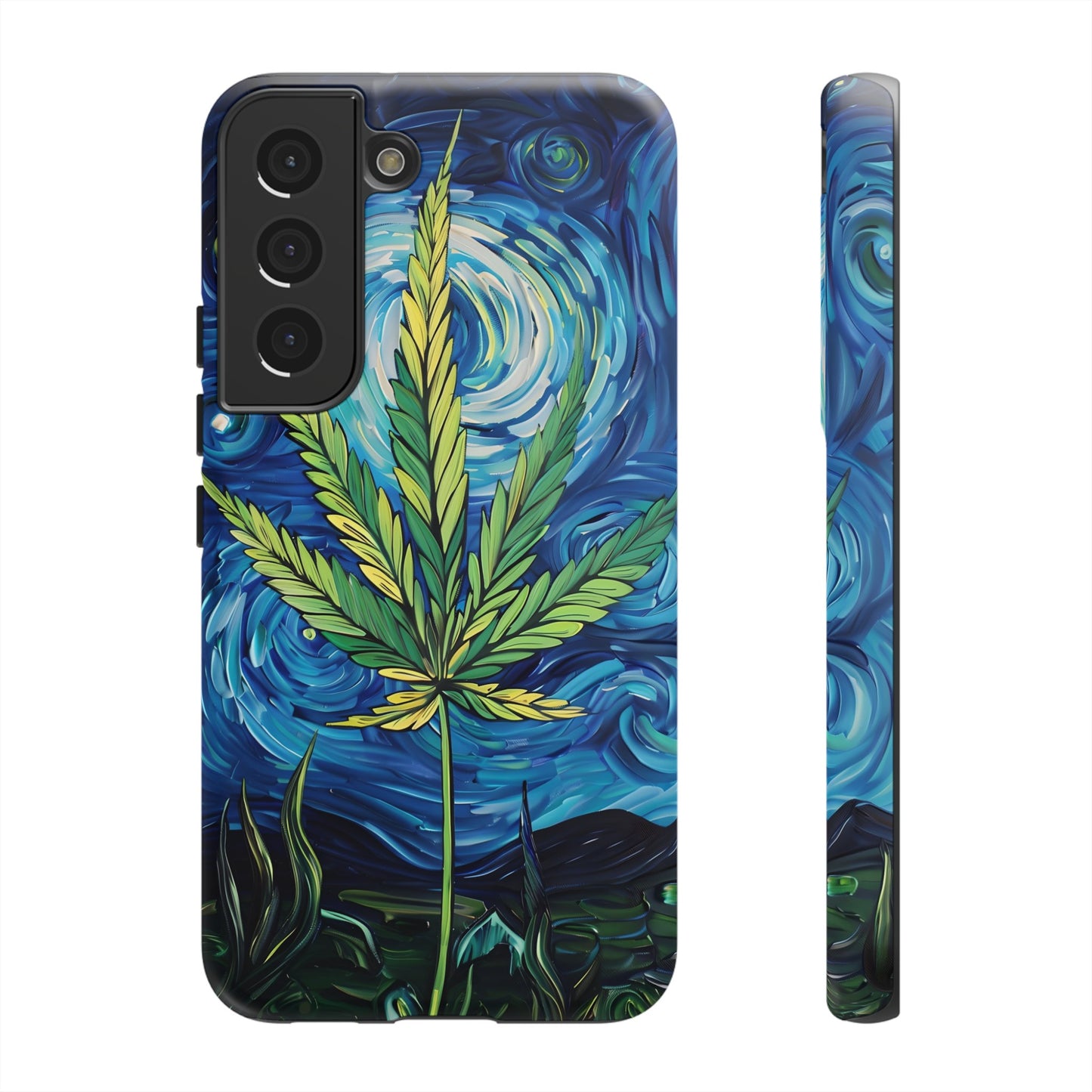 Pot Leaf Starry Night Phone Case – Artistic Marijuana Design for iPhone, Samsung Galaxy, and Google Pixel Devices