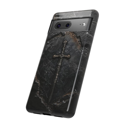 Medieval Sword Phone Case - Elegant Blade Design on Dark Stone Background for iPhone, Samsung Galaxy, and Google Pixel Devices