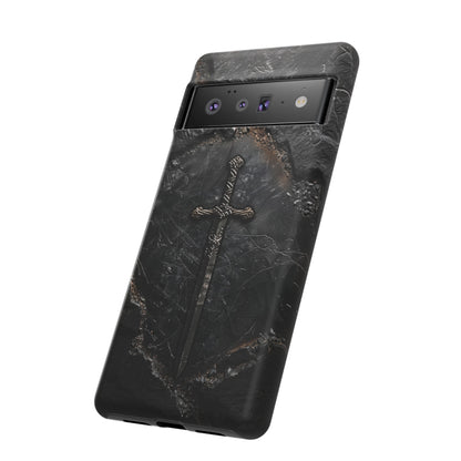 Medieval Sword Phone Case - Elegant Blade Design on Dark Stone Background for iPhone, Samsung Galaxy, and Google Pixel Devices