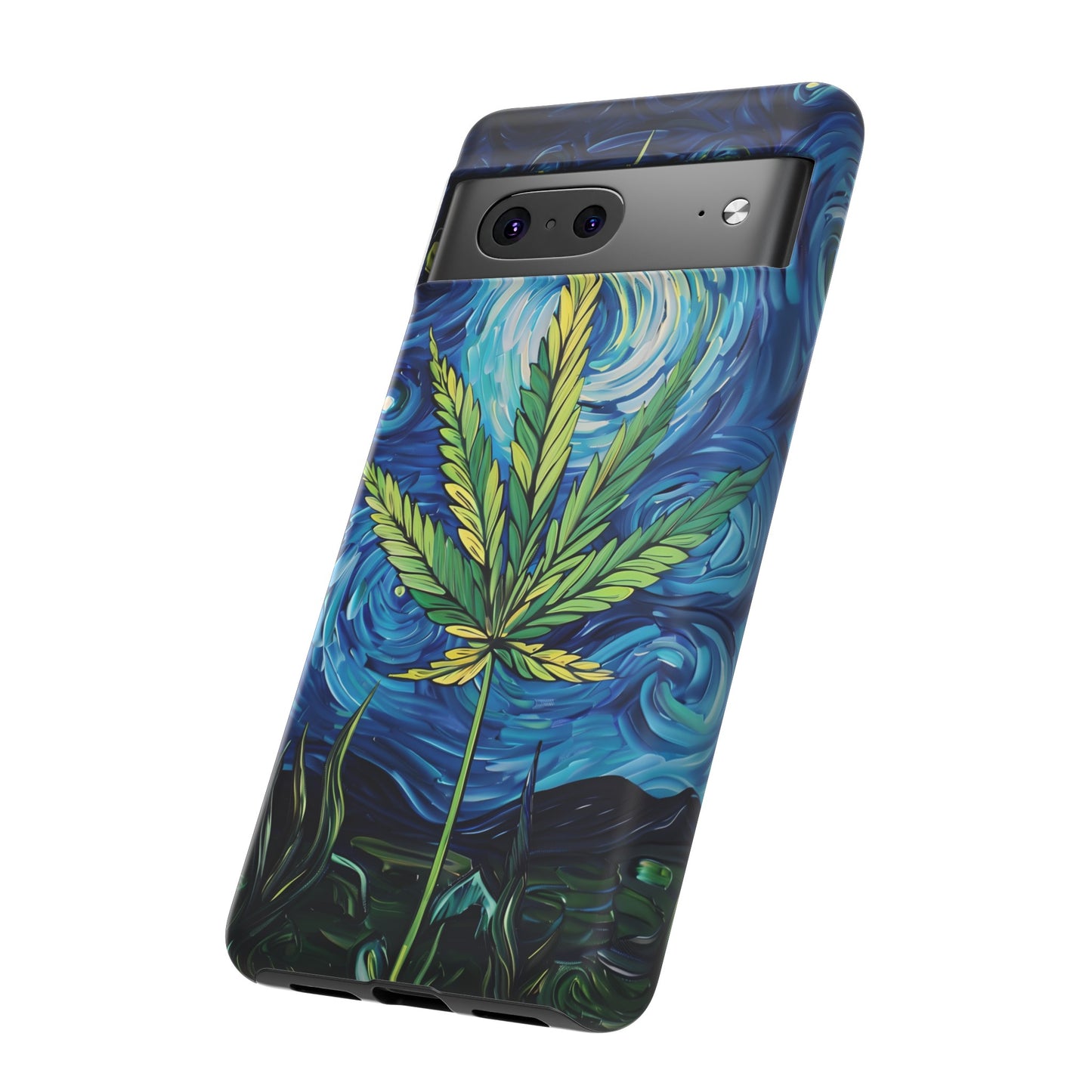 Pot Leaf Starry Night Phone Case – Artistic Marijuana Design for iPhone, Samsung Galaxy, and Google Pixel Devices