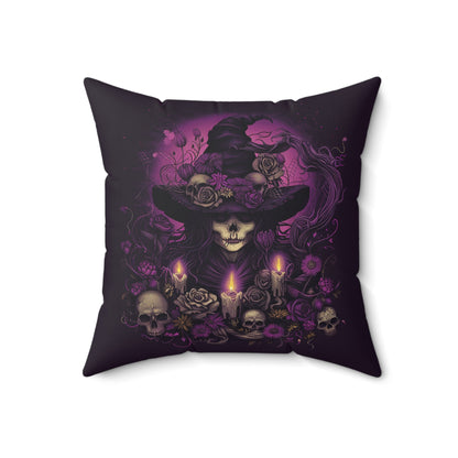 Gothic Witch and Skulls Spun Polyester Pillow - Halloween Home Decor