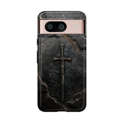 Medieval Sword Phone Case - Elegant Blade Design on Dark Stone Background for iPhone, Samsung Galaxy, and Google Pixel Devices