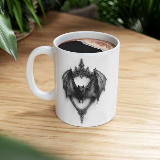 Victorian Gothic Bat Mug – Vintage Art Ceramic Coffee Cup for Halloween and Gothic Decor Enthusiasts