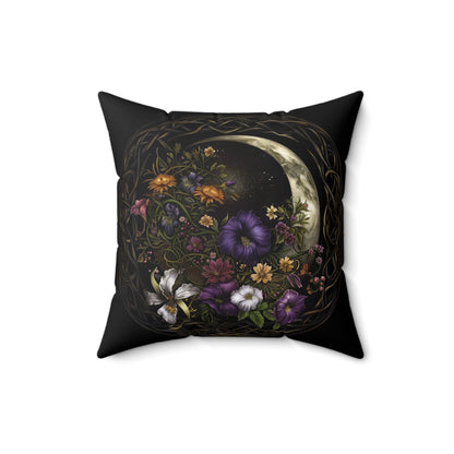 Gothic Moon Floral Art Throw Pillow - Spun Polyester Square Cushion with Moon and Flowers Design