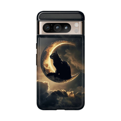 Black Cat on Crescent Moon Phone Case - Mystical Night Sky Design for iPhone, Samsung Galaxy, and Google Pixel Devices