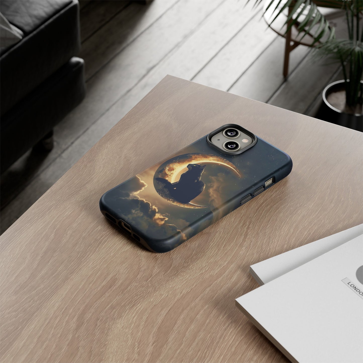 Black Cat on Crescent Moon Phone Case - Mystical Night Sky Design for iPhone, Samsung Galaxy, and Google Pixel Devices