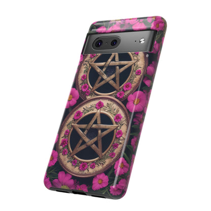 Pentacles in Pink Flowers Tough Phone Case – Mystical Floral Design for iPhone, Samsung Galaxy, and Google Pixel Devices