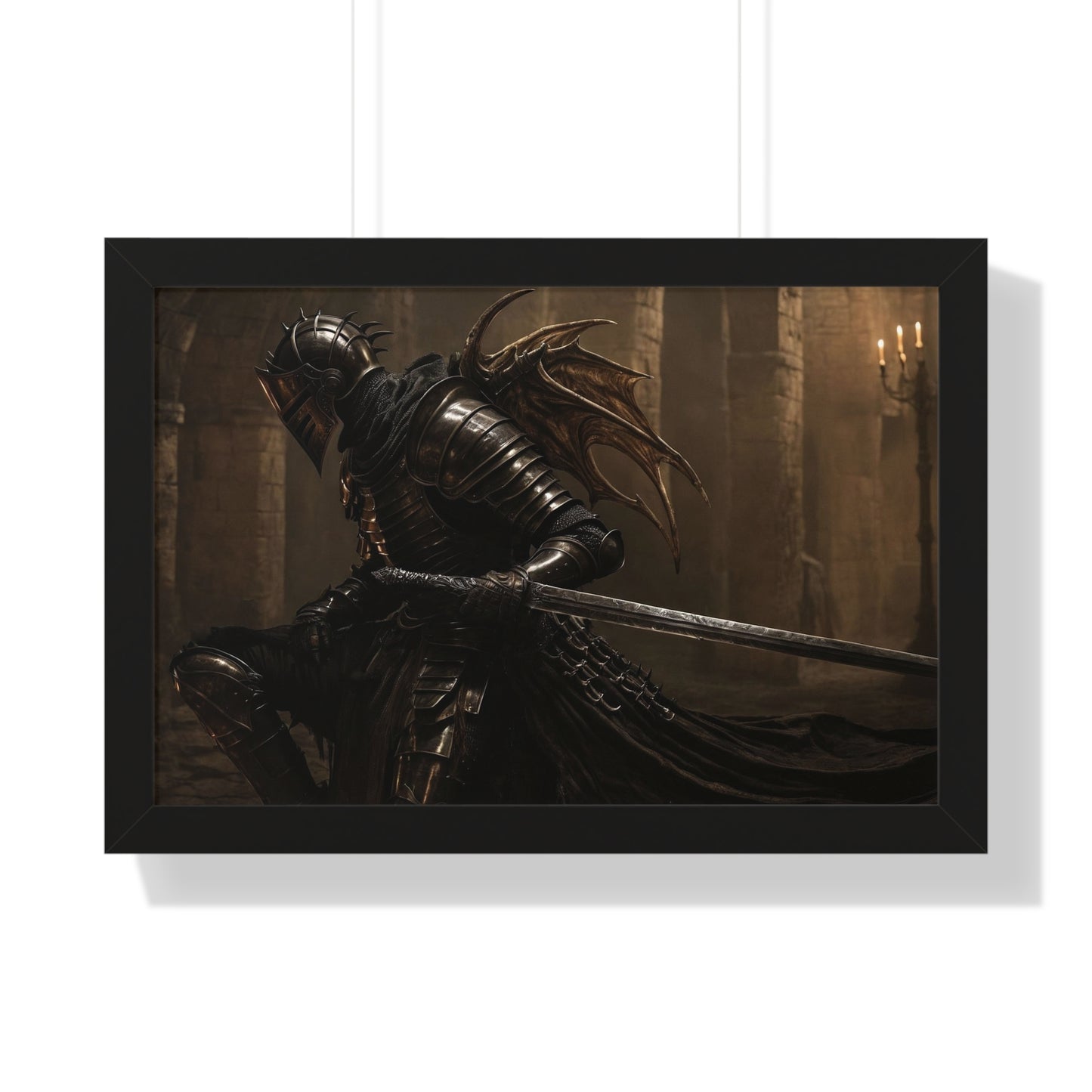 Framed Poster of a Dark Gothic Knight in Candlelit Medieval Castle - Fantasy Wall Art Decor