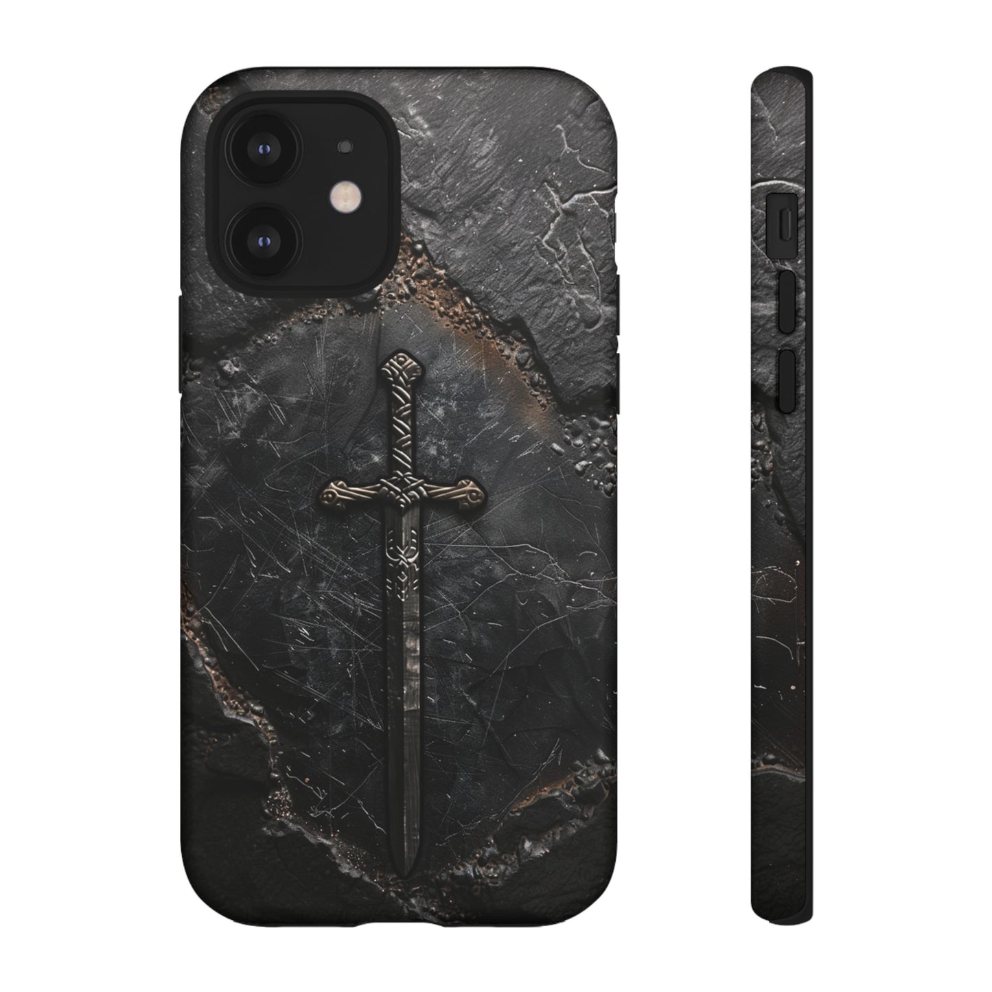 Medieval Sword Phone Case - Elegant Blade Design on Dark Stone Background for iPhone, Samsung Galaxy, and Google Pixel Devices