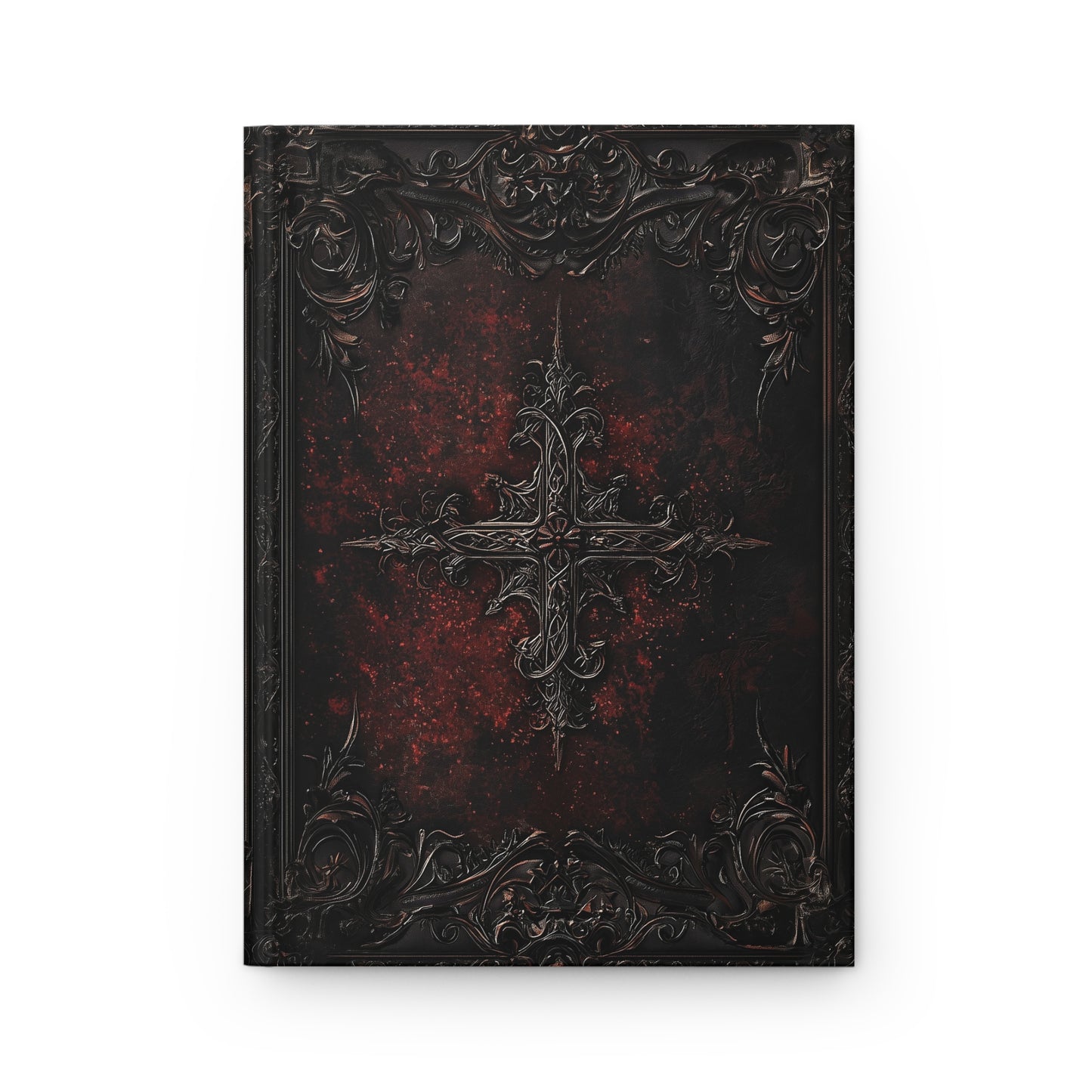 Dark Gothic Cross Notebook with Intricate Red Embossed Cover