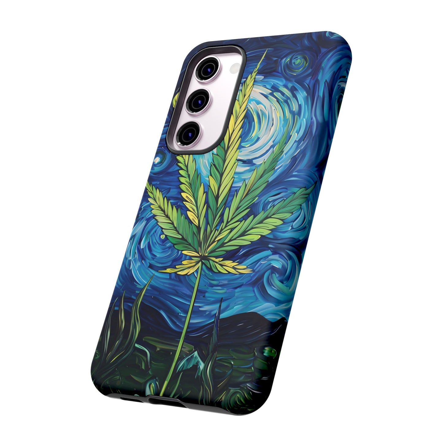 Pot Leaf Starry Night Phone Case – Artistic Marijuana Design for iPhone, Samsung Galaxy, and Google Pixel Devices