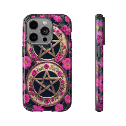 Pentacles in Pink Flowers Tough Phone Case – Mystical Floral Design for iPhone, Samsung Galaxy, and Google Pixel Devices