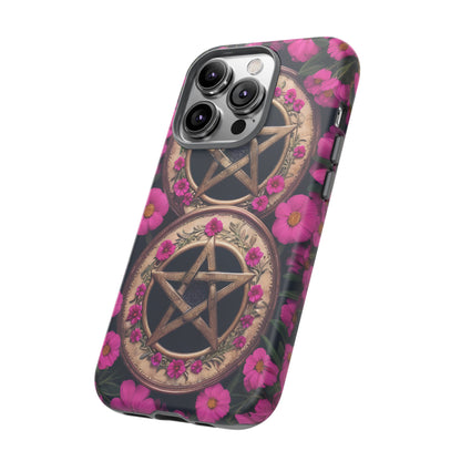 Pentacles in Pink Flowers Tough Phone Case – Mystical Floral Design for iPhone, Samsung Galaxy, and Google Pixel Devices