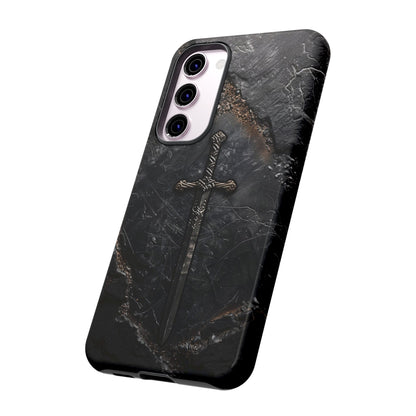 Medieval Sword Phone Case - Elegant Blade Design on Dark Stone Background for iPhone, Samsung Galaxy, and Google Pixel Devices