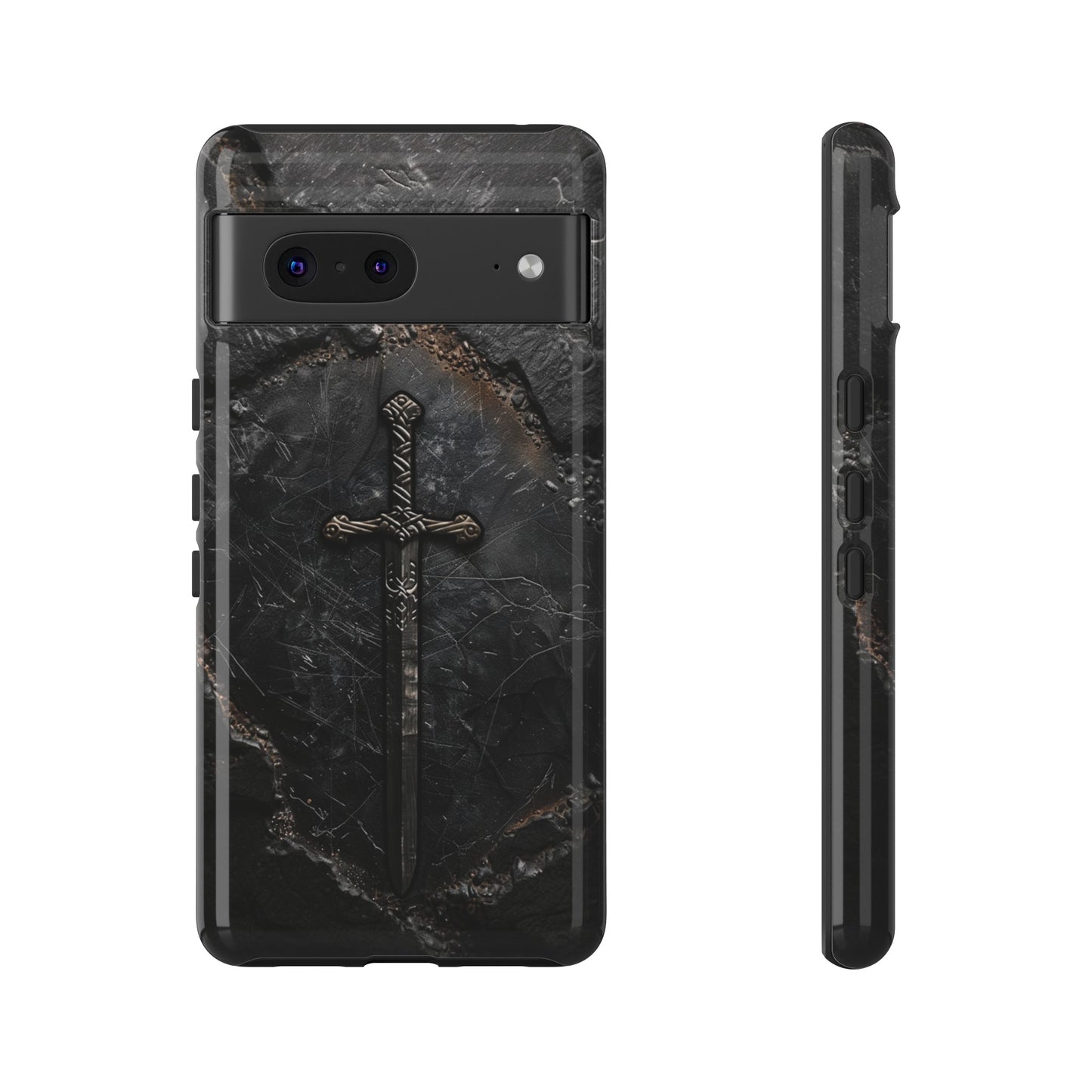 Medieval Sword Phone Case - Elegant Blade Design on Dark Stone Background for iPhone, Samsung Galaxy, and Google Pixel Devices