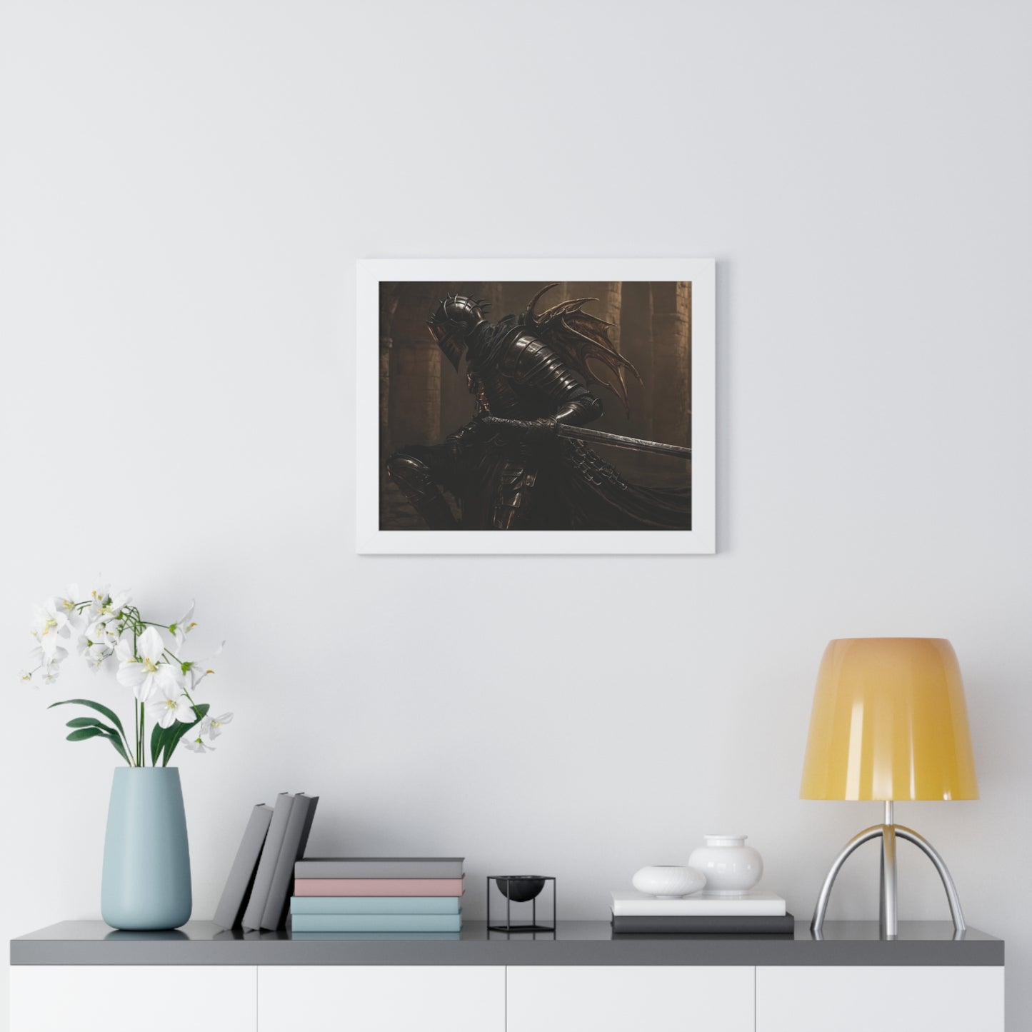 Framed Poster of a Dark Gothic Knight in Candlelit Medieval Castle - Fantasy Wall Art Decor