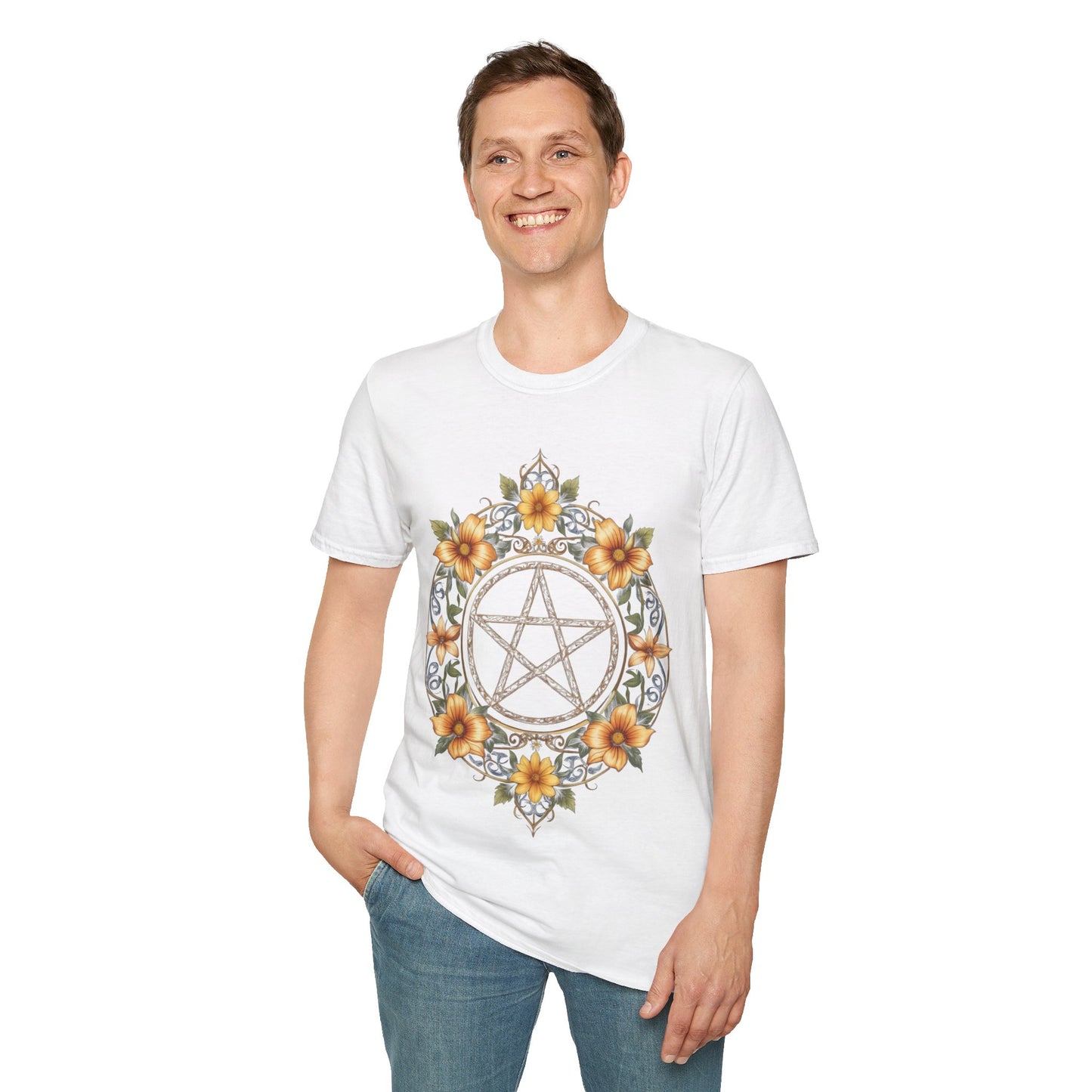 Pentacle Flower T-Shirt – Mystical Floral Pentagram Design for Wiccan and Pagan Fashion