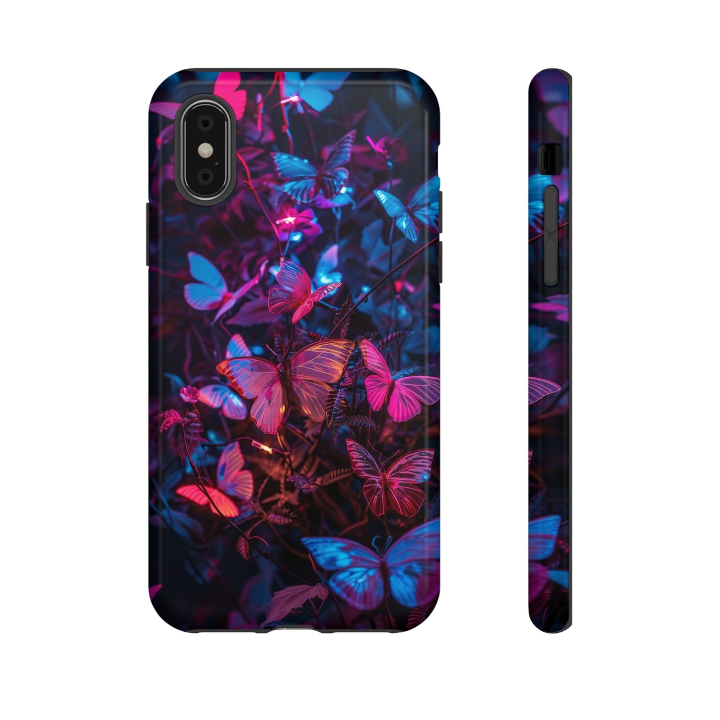 Neon Butterfly Garden Phone Case - Vibrant Nighttime Design for iPhone, Samsung Galaxy, and Google Pixel Devices