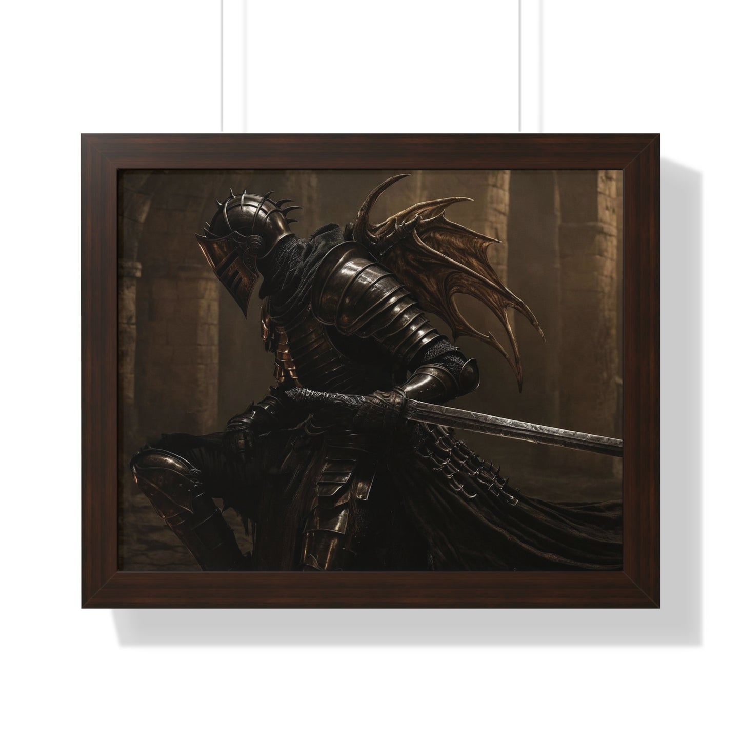 Framed Poster of a Dark Gothic Knight in Candlelit Medieval Castle - Fantasy Wall Art Decor