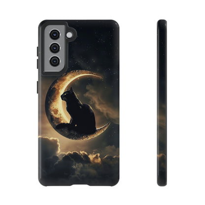 Black Cat on Crescent Moon Phone Case - Mystical Night Sky Design for iPhone, Samsung Galaxy, and Google Pixel Devices