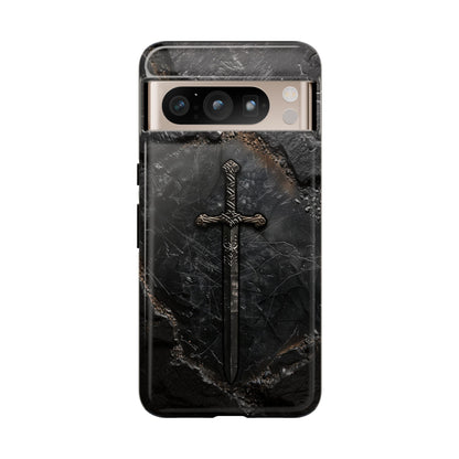 Medieval Sword Phone Case - Elegant Blade Design on Dark Stone Background for iPhone, Samsung Galaxy, and Google Pixel Devices