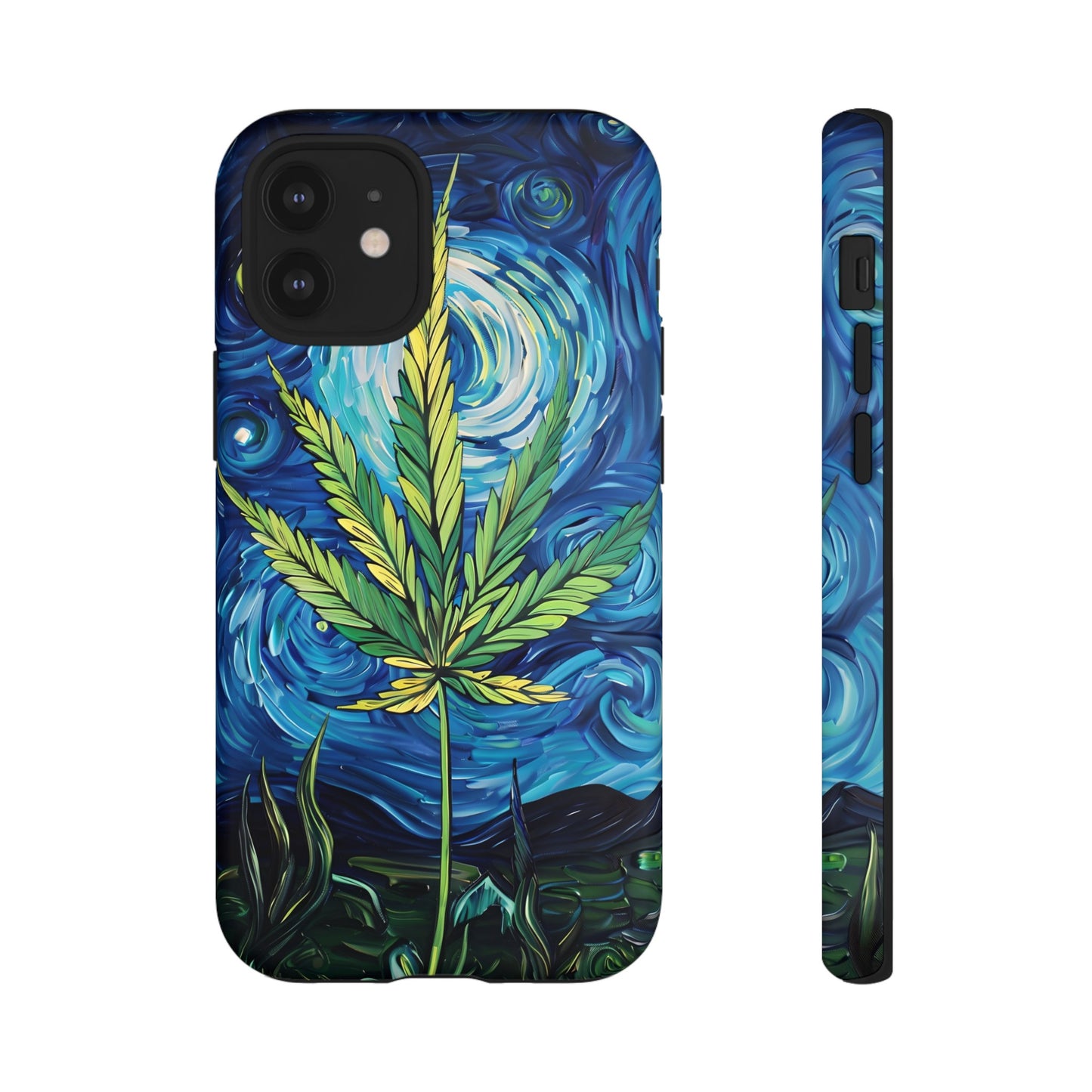 Pot Leaf Starry Night Phone Case – Artistic Marijuana Design for iPhone, Samsung Galaxy, and Google Pixel Devices