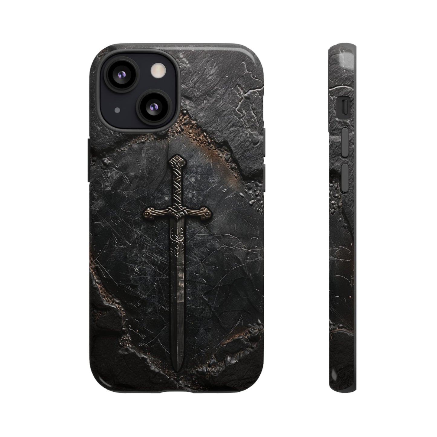 Medieval Sword Phone Case - Elegant Blade Design on Dark Stone Background for iPhone, Samsung Galaxy, and Google Pixel Devices