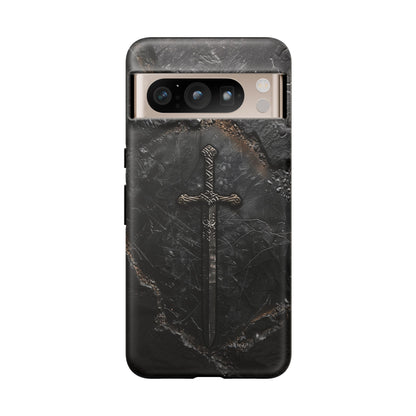 Medieval Sword Phone Case - Elegant Blade Design on Dark Stone Background for iPhone, Samsung Galaxy, and Google Pixel Devices