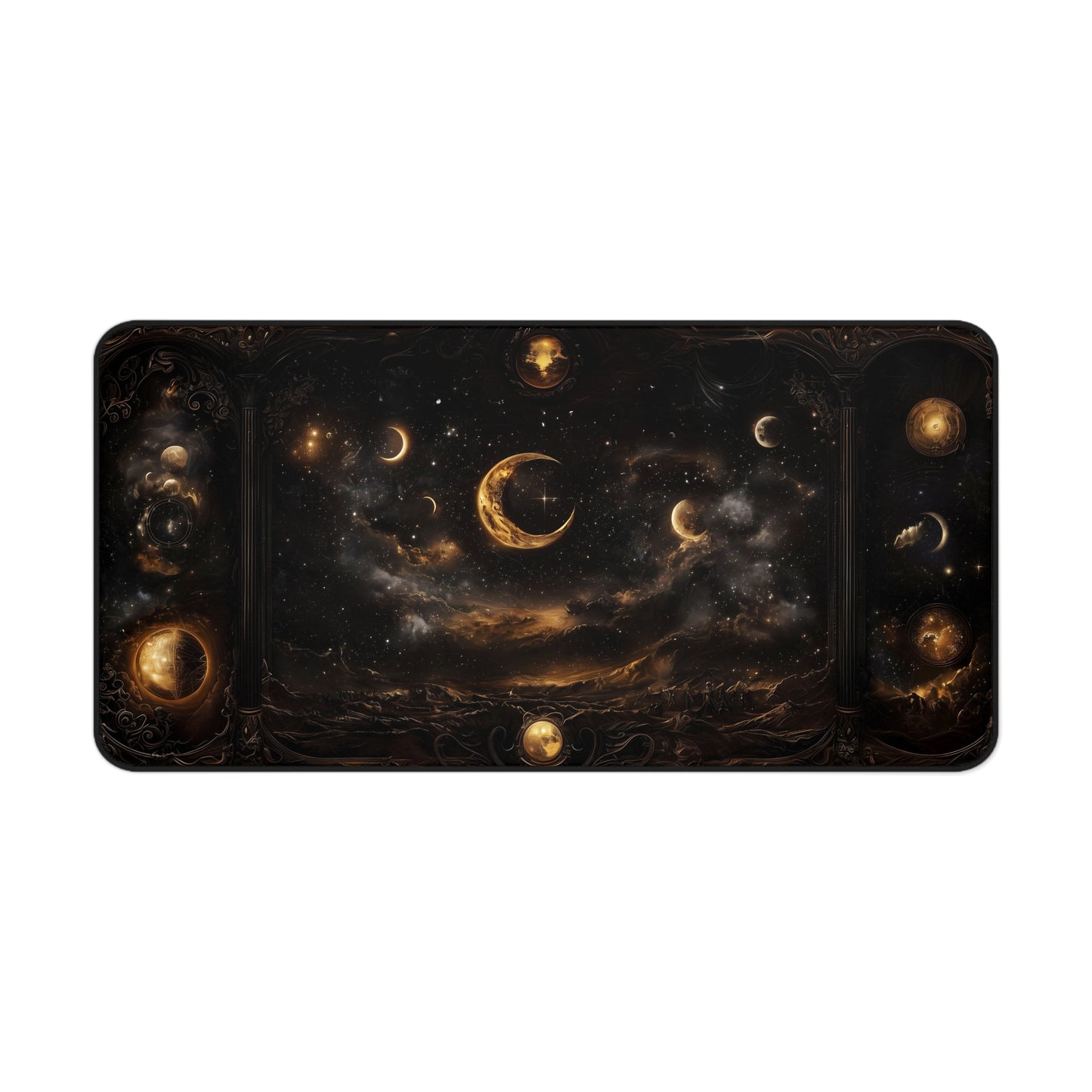 Celestial Night Sky Desk Mat - Cosmic Moon Phases Gaming Mouse Pad with Dark Starry Design