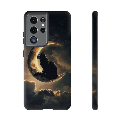 Black Cat on Crescent Moon Phone Case - Mystical Night Sky Design for iPhone, Samsung Galaxy, and Google Pixel Devices