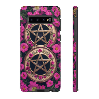 Pentacles in Pink Flowers Tough Phone Case – Mystical Floral Design for iPhone, Samsung Galaxy, and Google Pixel Devices