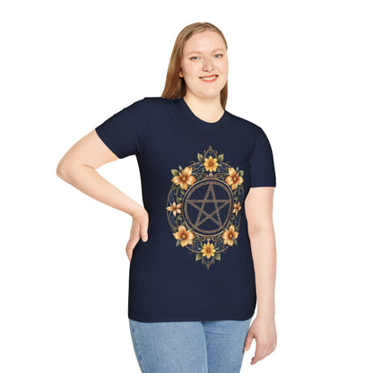 Pentacle Flower T-Shirt – Mystical Floral Pentagram Design for Wiccan and Pagan Fashion