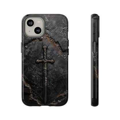 Medieval Sword Phone Case - Elegant Blade Design on Dark Stone Background for iPhone, Samsung Galaxy, and Google Pixel Devices