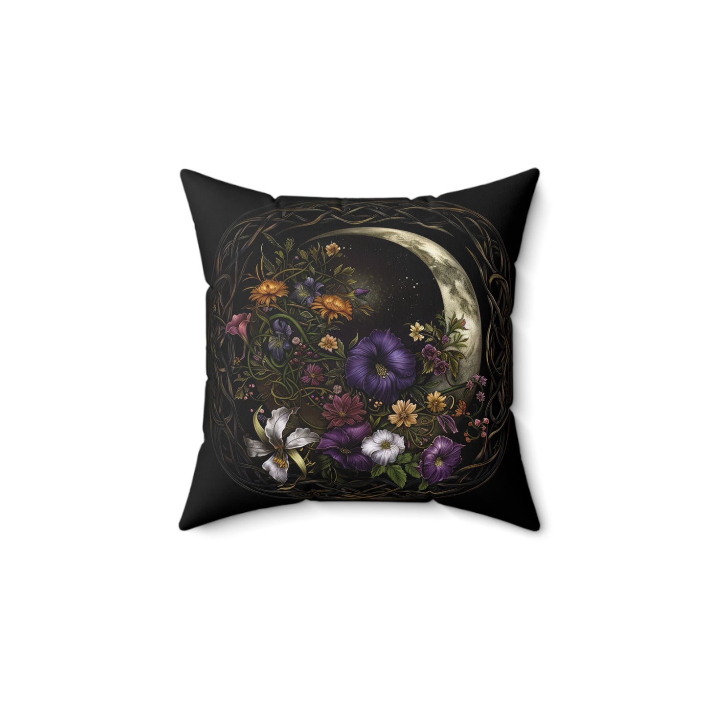 Gothic Moon Floral Art Throw Pillow - Spun Polyester Square Cushion with Moon and Flowers Design