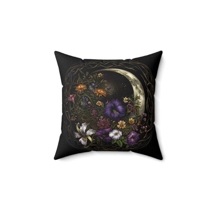 Gothic Moon Floral Art Throw Pillow - Spun Polyester Square Cushion with Moon and Flowers Design