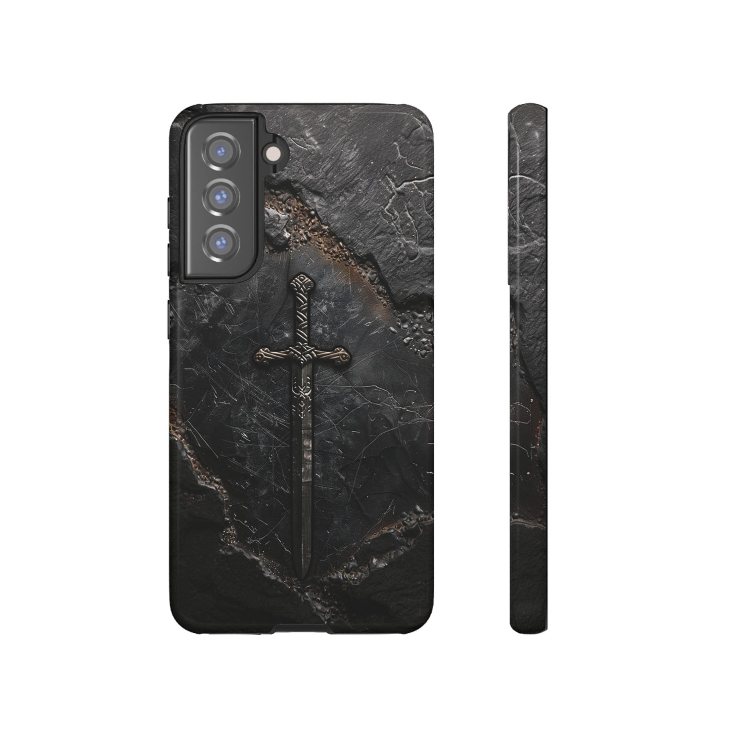 Medieval Sword Phone Case - Elegant Blade Design on Dark Stone Background for iPhone, Samsung Galaxy, and Google Pixel Devices