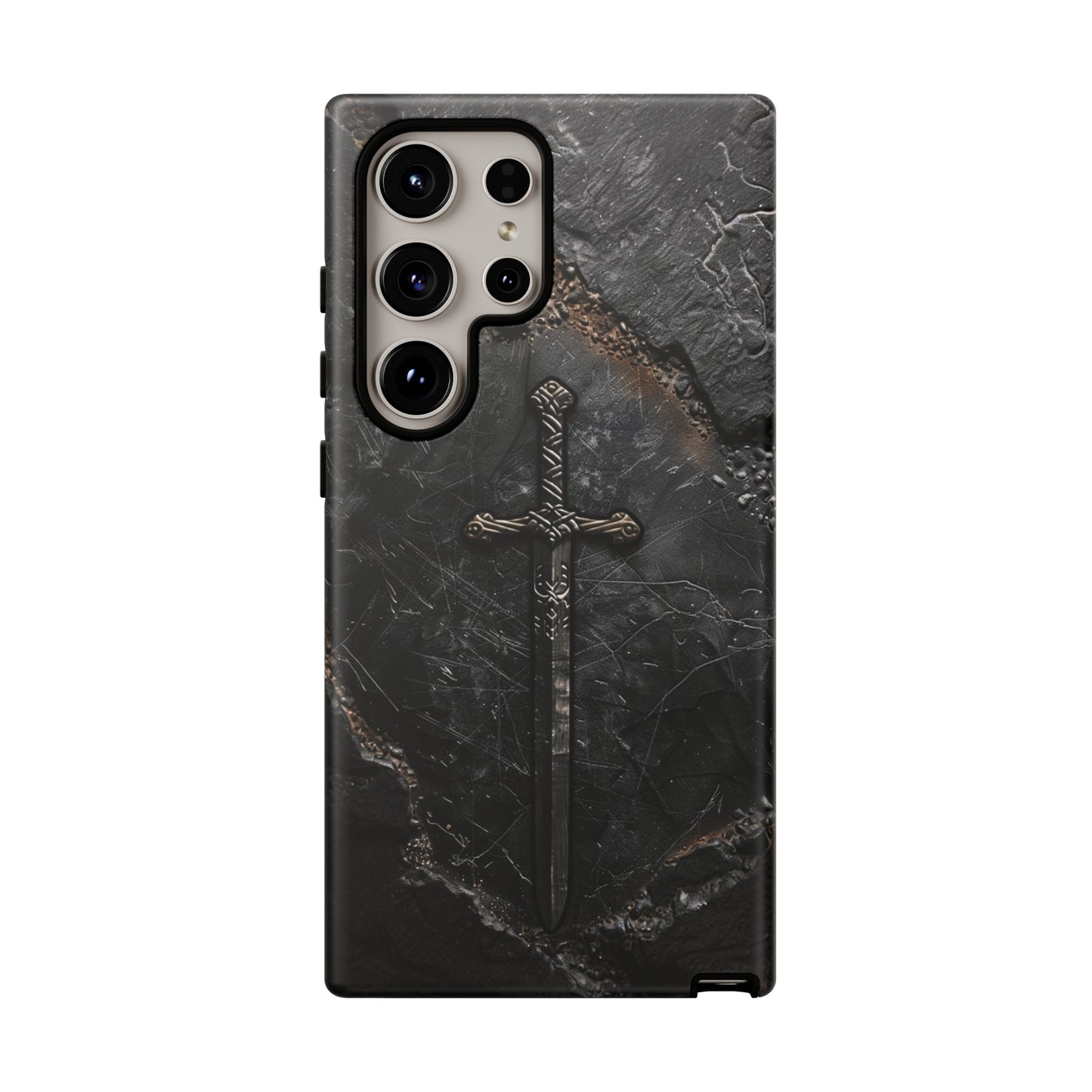 Medieval Sword Phone Case - Elegant Blade Design on Dark Stone Background for iPhone, Samsung Galaxy, and Google Pixel Devices