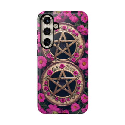 Pentacles in Pink Flowers Tough Phone Case – Mystical Floral Design for iPhone, Samsung Galaxy, and Google Pixel Devices