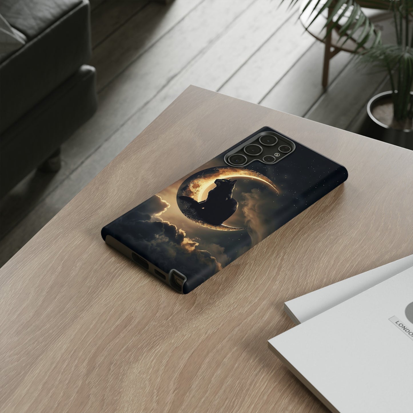 Black Cat on Crescent Moon Phone Case - Mystical Night Sky Design for iPhone, Samsung Galaxy, and Google Pixel Devices